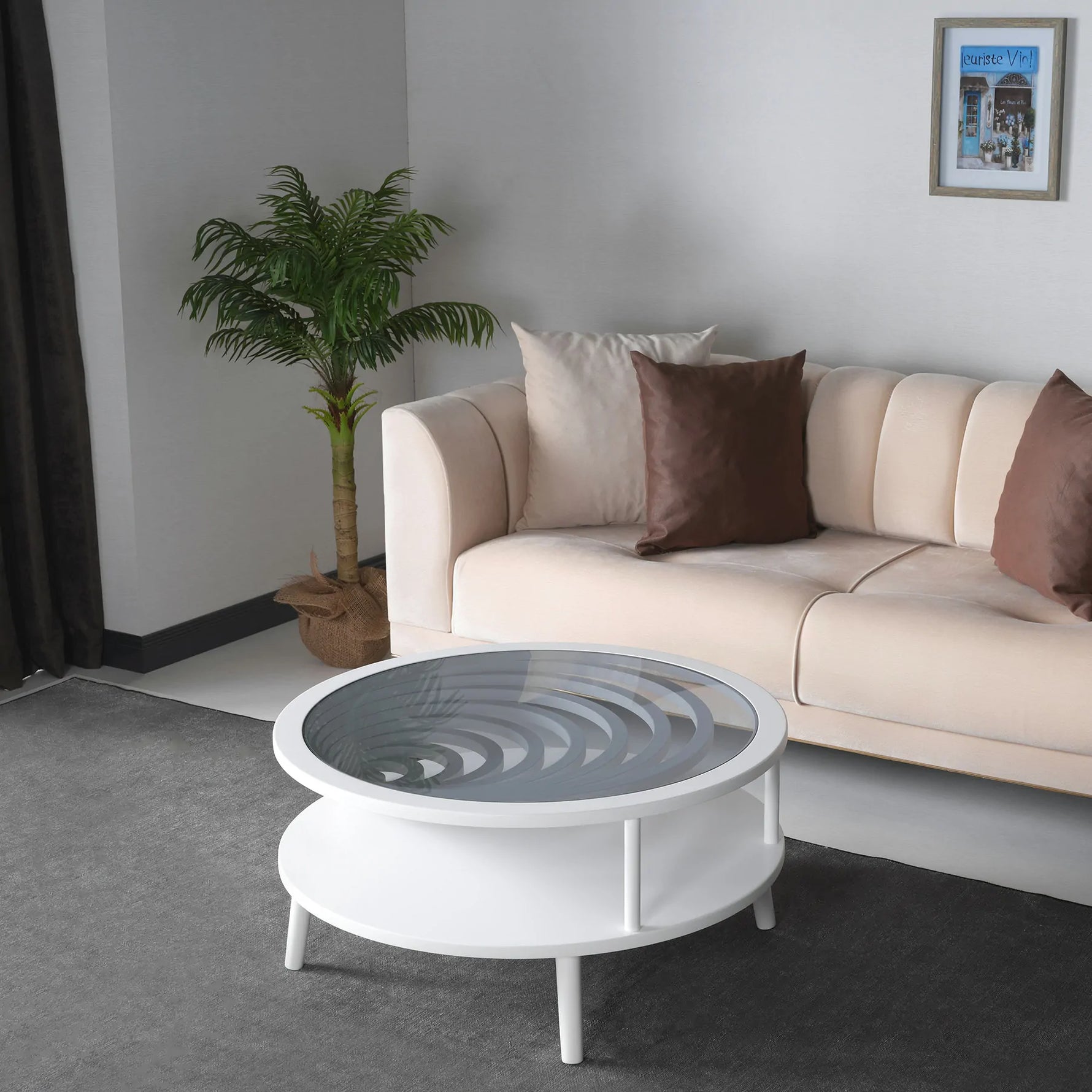 Minimalist coffee table with open storage and curved form