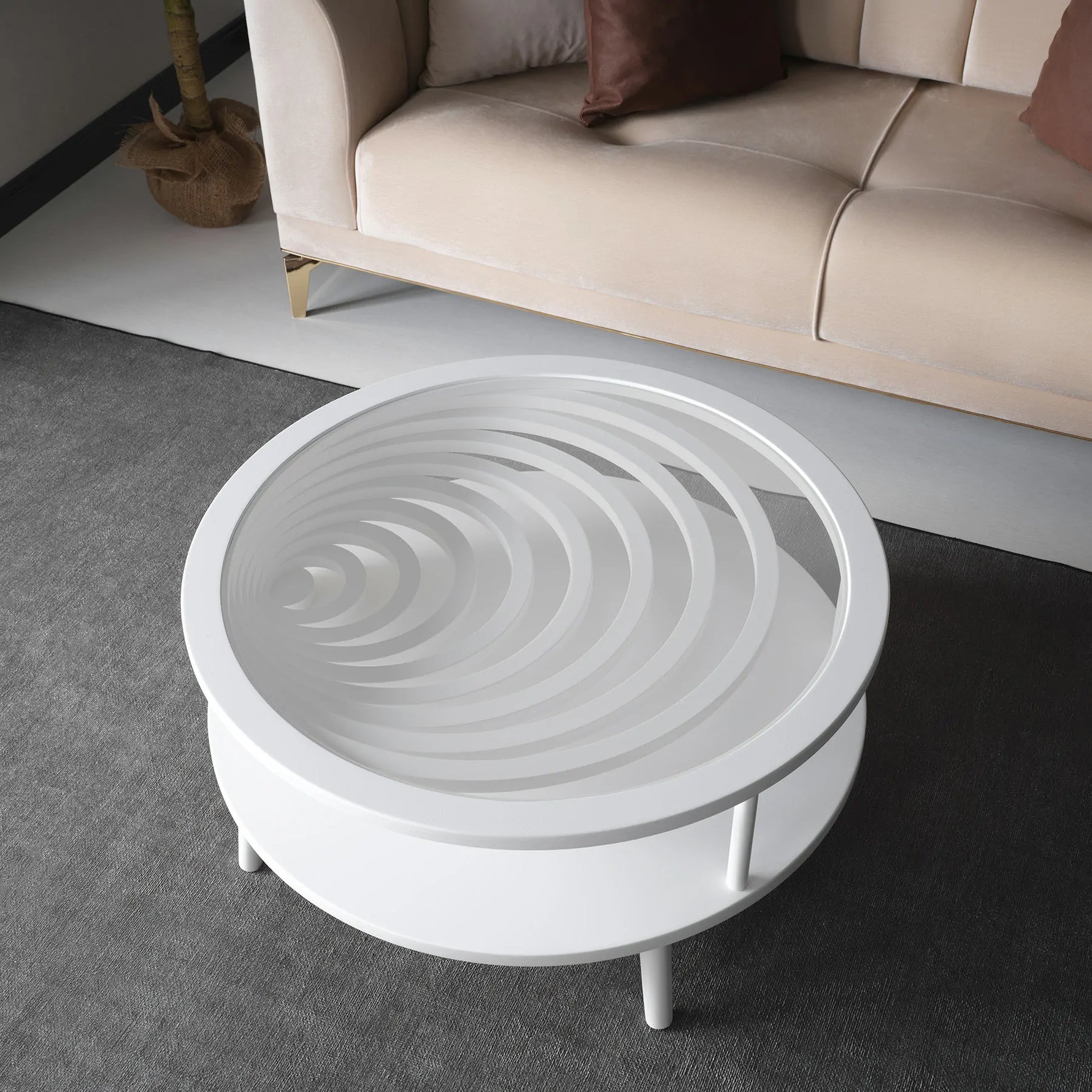 Designer coffee table with built-in shelf and artistic base