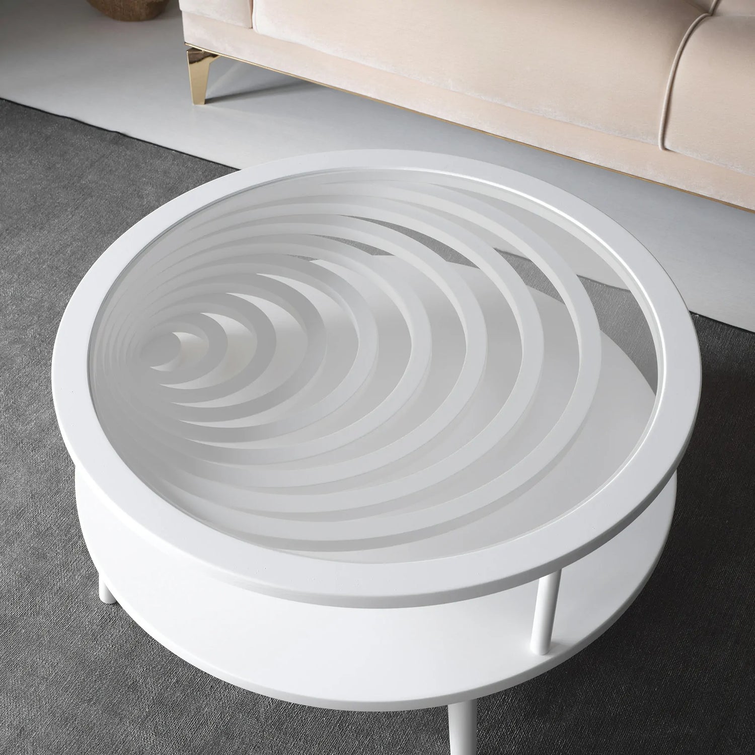 White coffee table with glass top and lower shelf