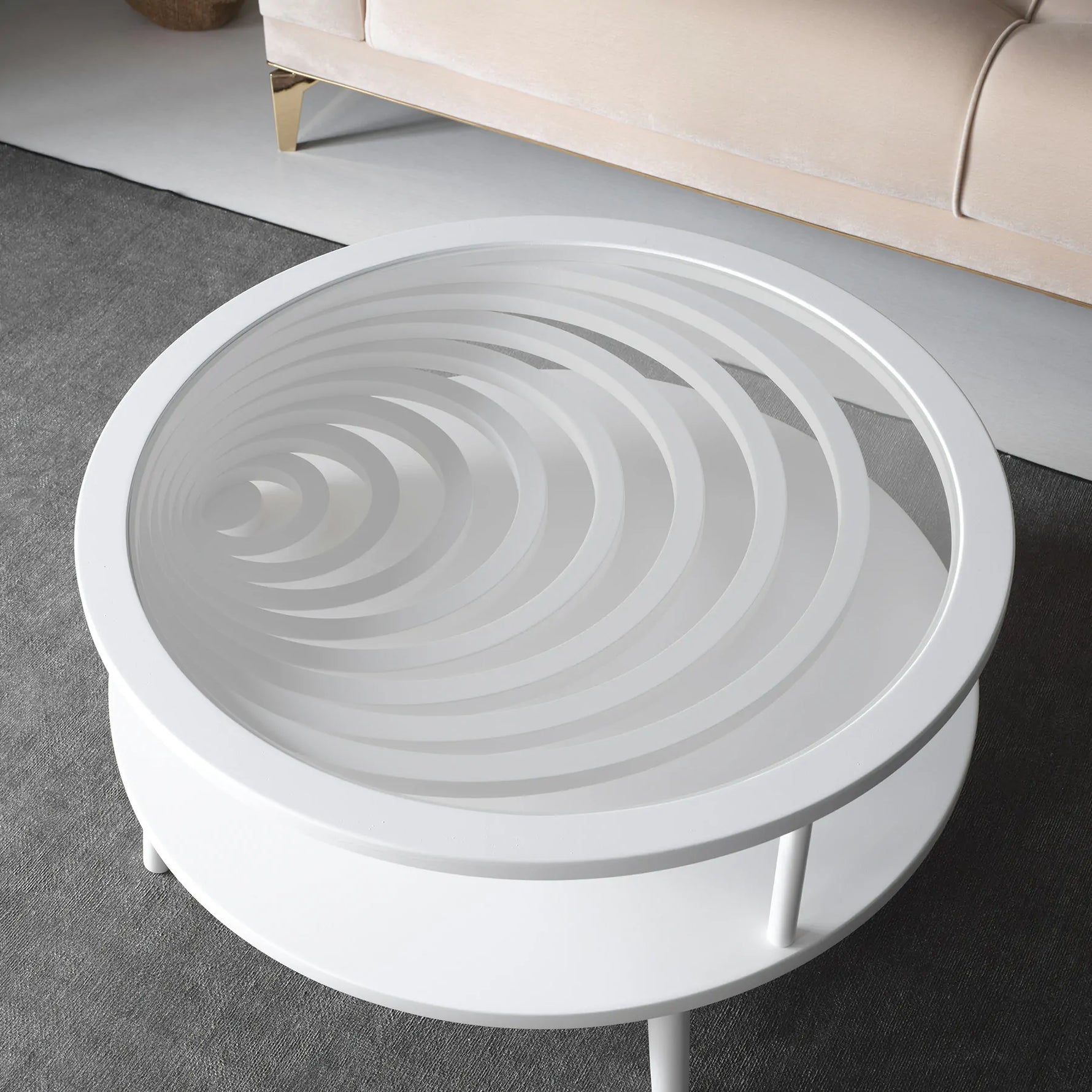 White coffee table with glass top and lower shelf