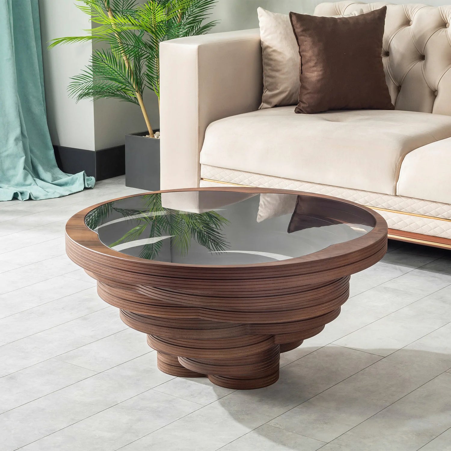 A side table with a 3D wood design base and a dark glass top, placed on a white floor against a wall.
