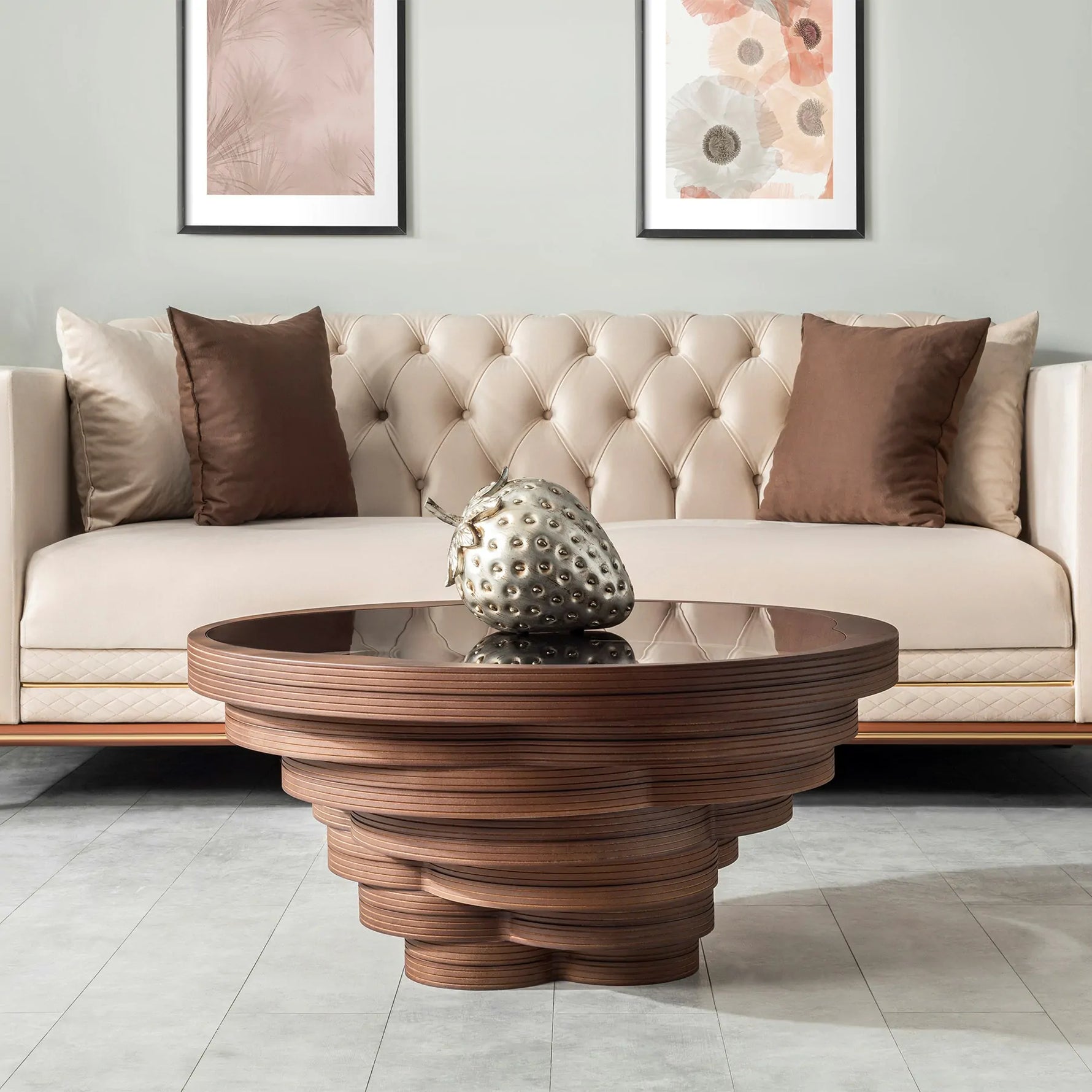 Round glass coffee table with layered wood vortex base