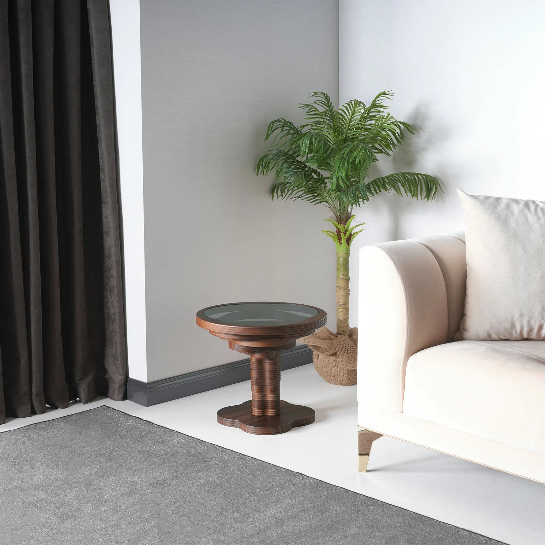 Contemporary glass top coffee table with vortex form