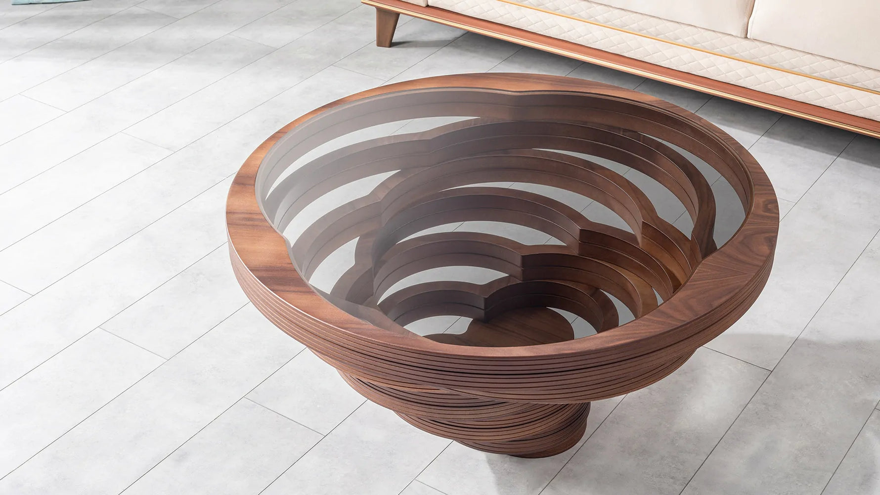 Layered wooden coffee table with glass surface and depth