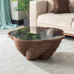 Cloud-edge coffee table with layered wood sculptural base