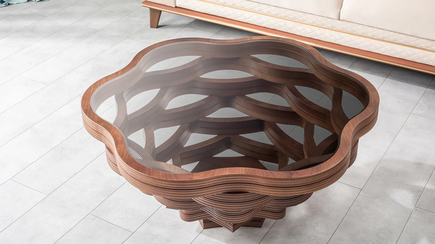 Flower-inspired round coffee table with woven sculptural frame