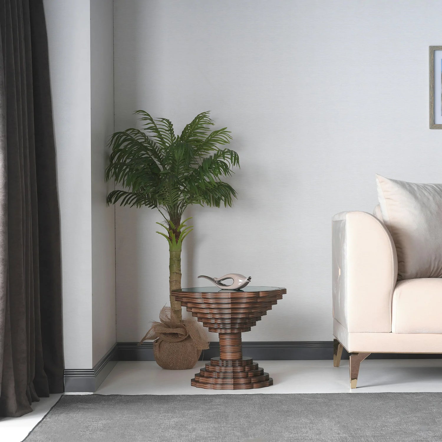 Statement round wood side table with ripple details