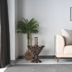 Bold sidetable with asymmetrical glass and wood surfaces