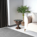 Handcrafted modern side table with starburst carving and depth
