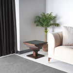 Frezia spiral side table featuring a unique layered square design in natural walnut veneer.