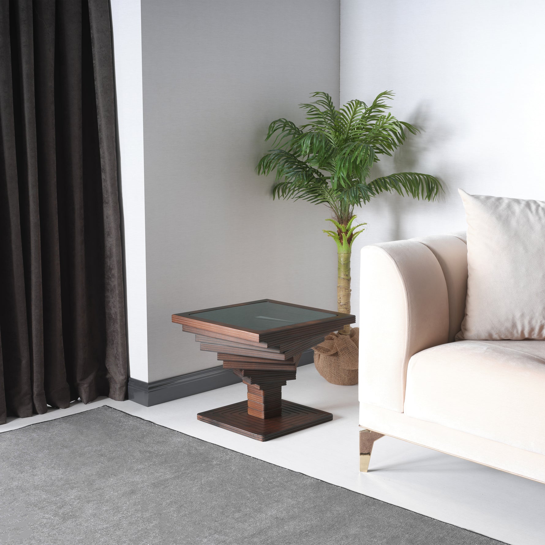 Frezia spiral side table featuring a unique layered square design in natural walnut veneer.