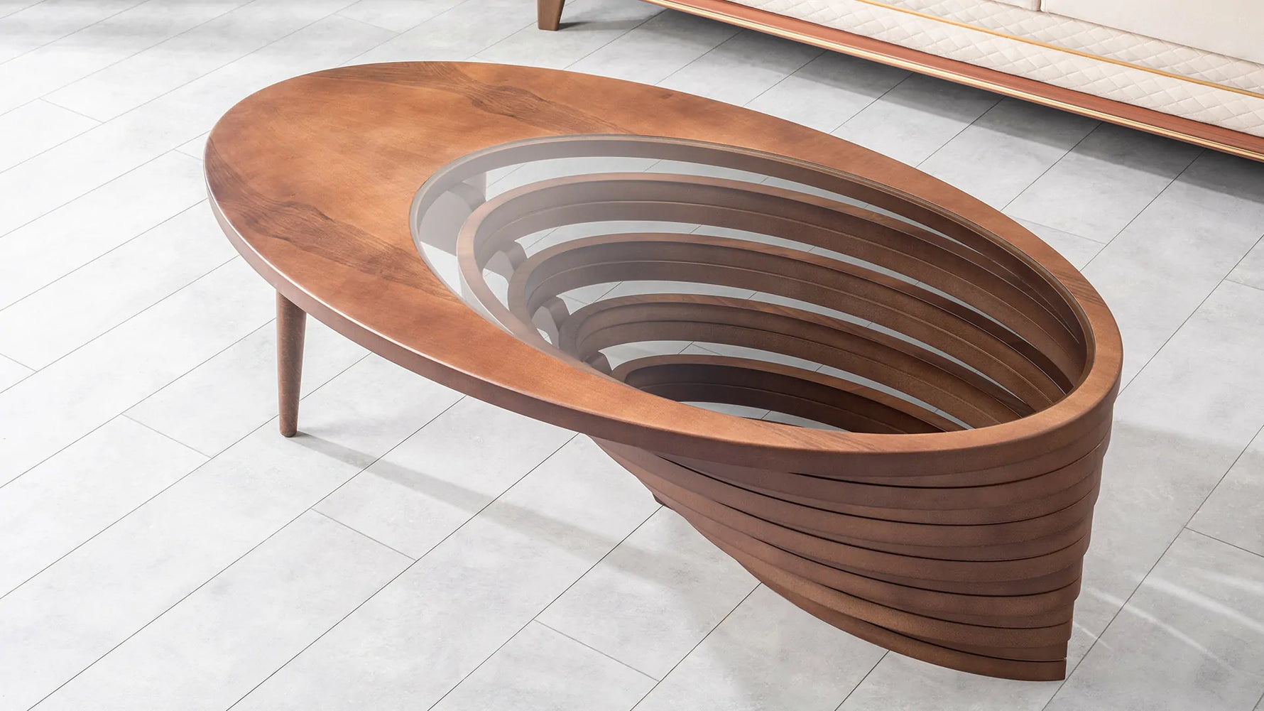 Elliptical glass center coffee table in modern living room