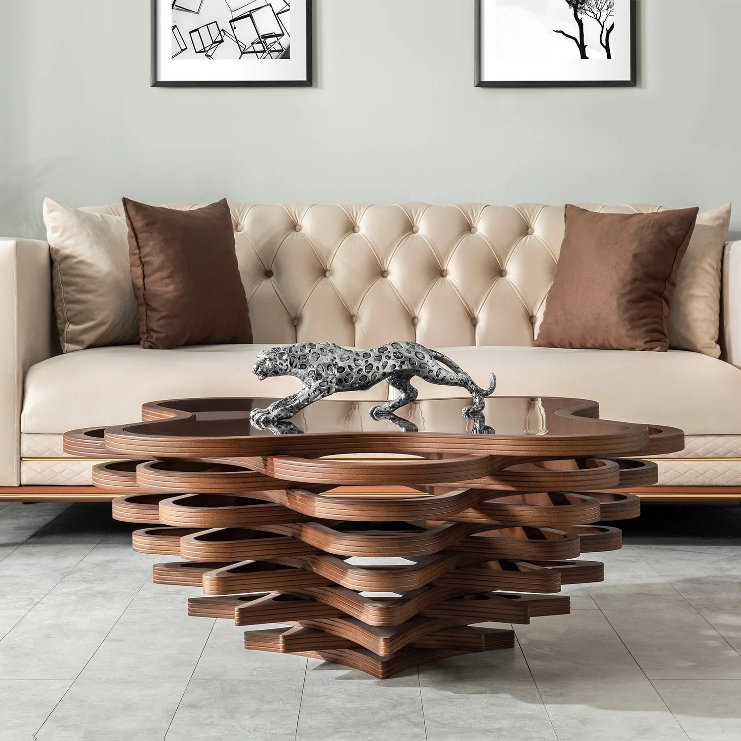 Floating glass top coffee table with sculpted design