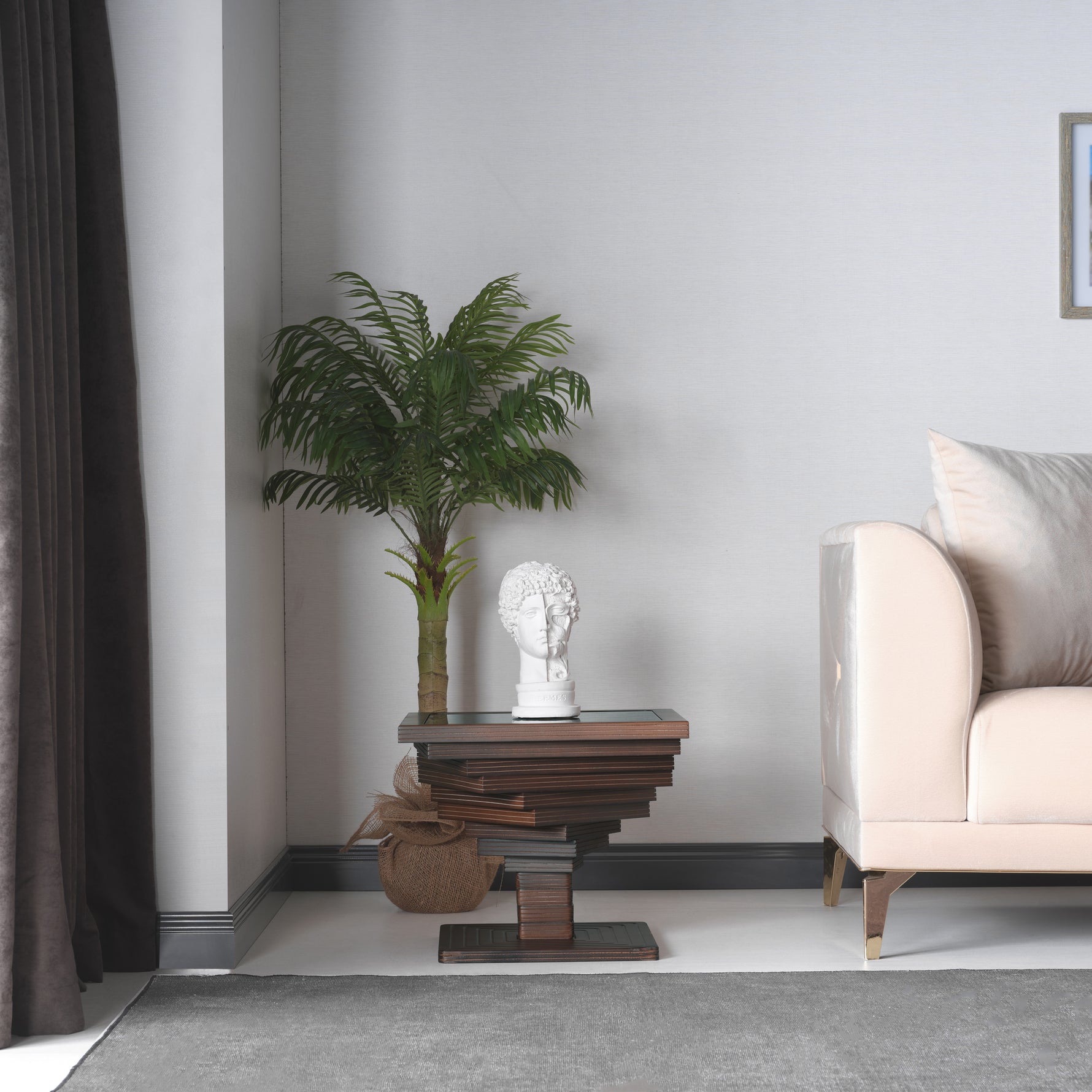 "Luxury square accent table with natural walnut textures, ideal for contemporary interiors."