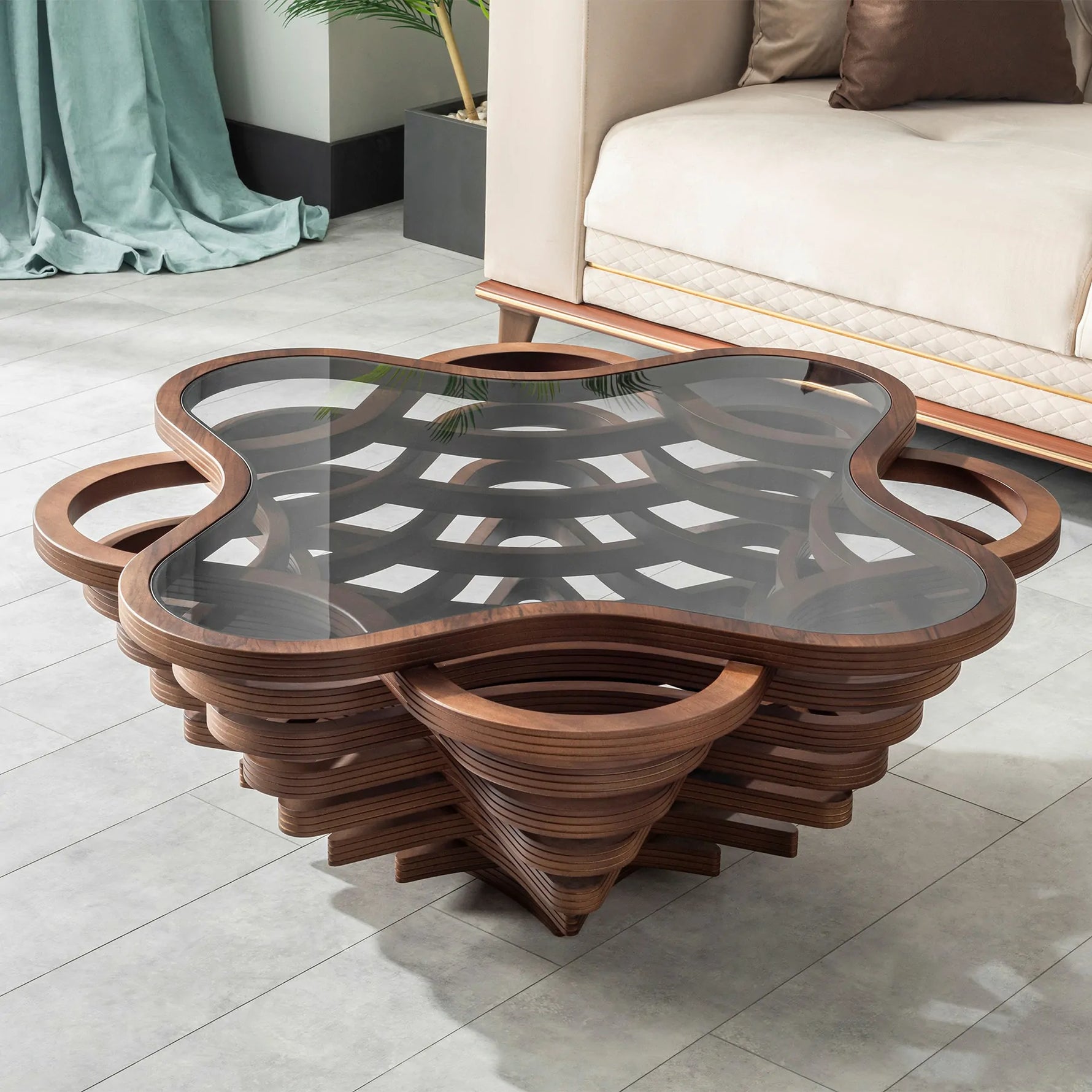Cloud-shaped coffee table with layered artistic base