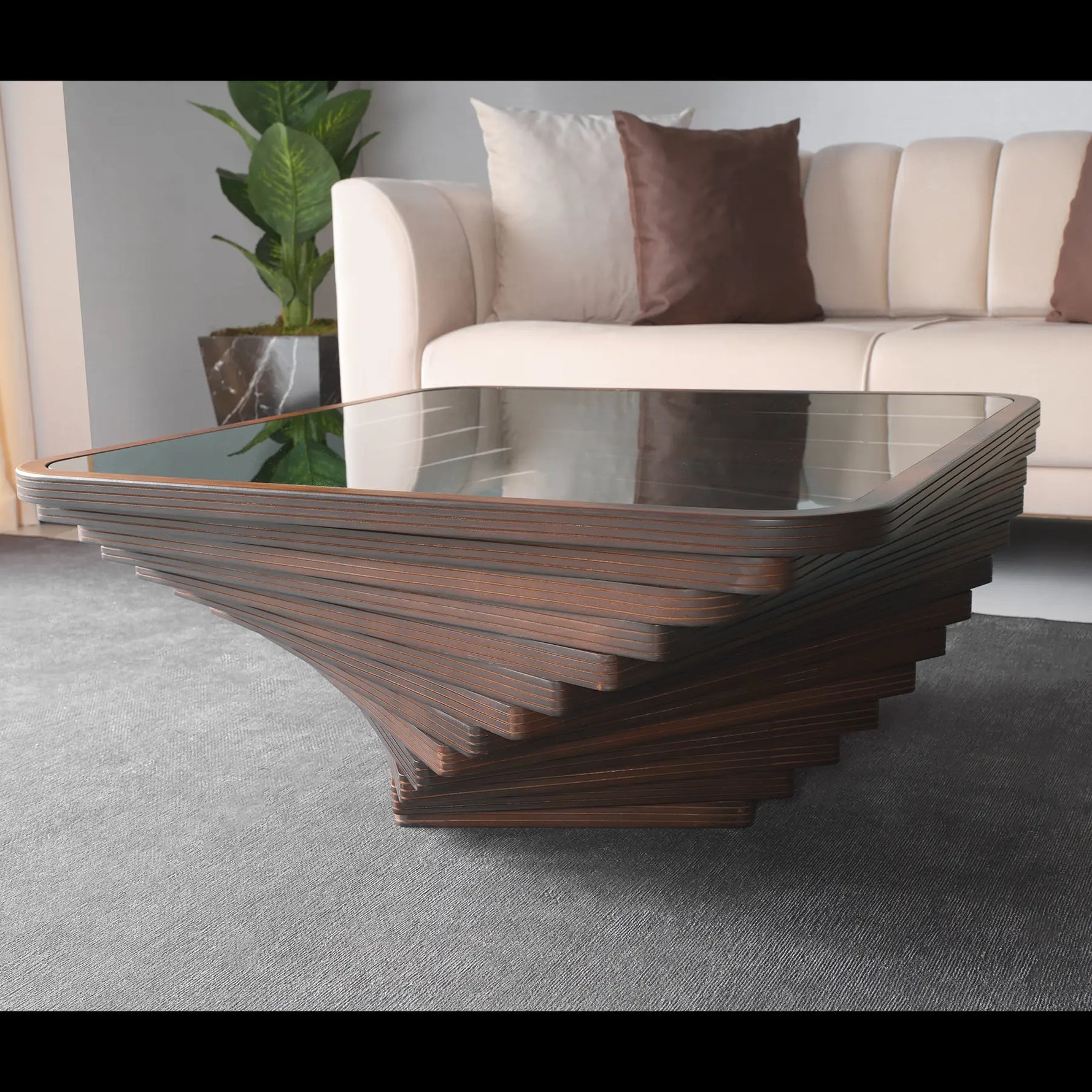 Modern coffee table with a unique design in a living room setting