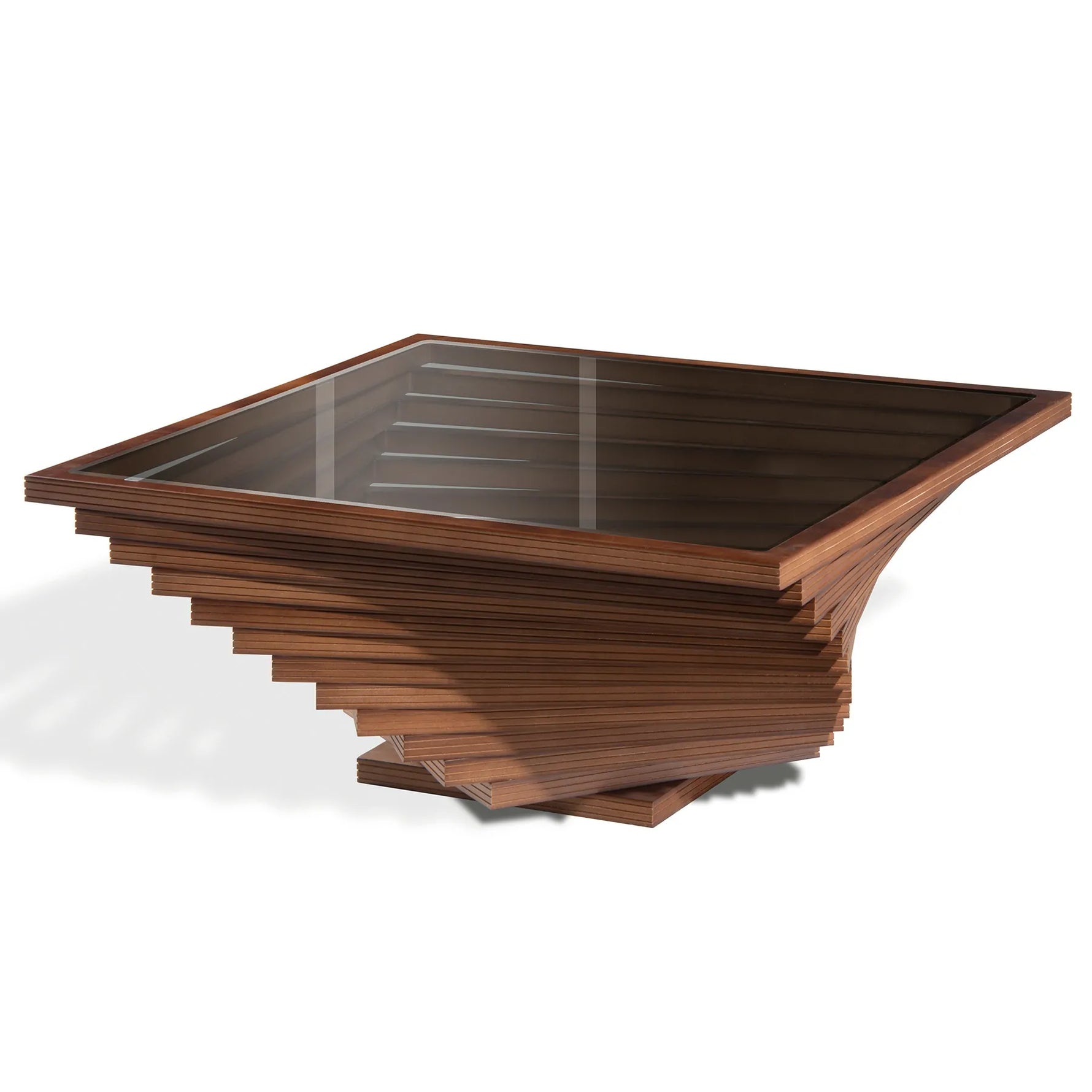 Frezia spiral coffee table featuring a unique layered square design in natural walnut veneer.