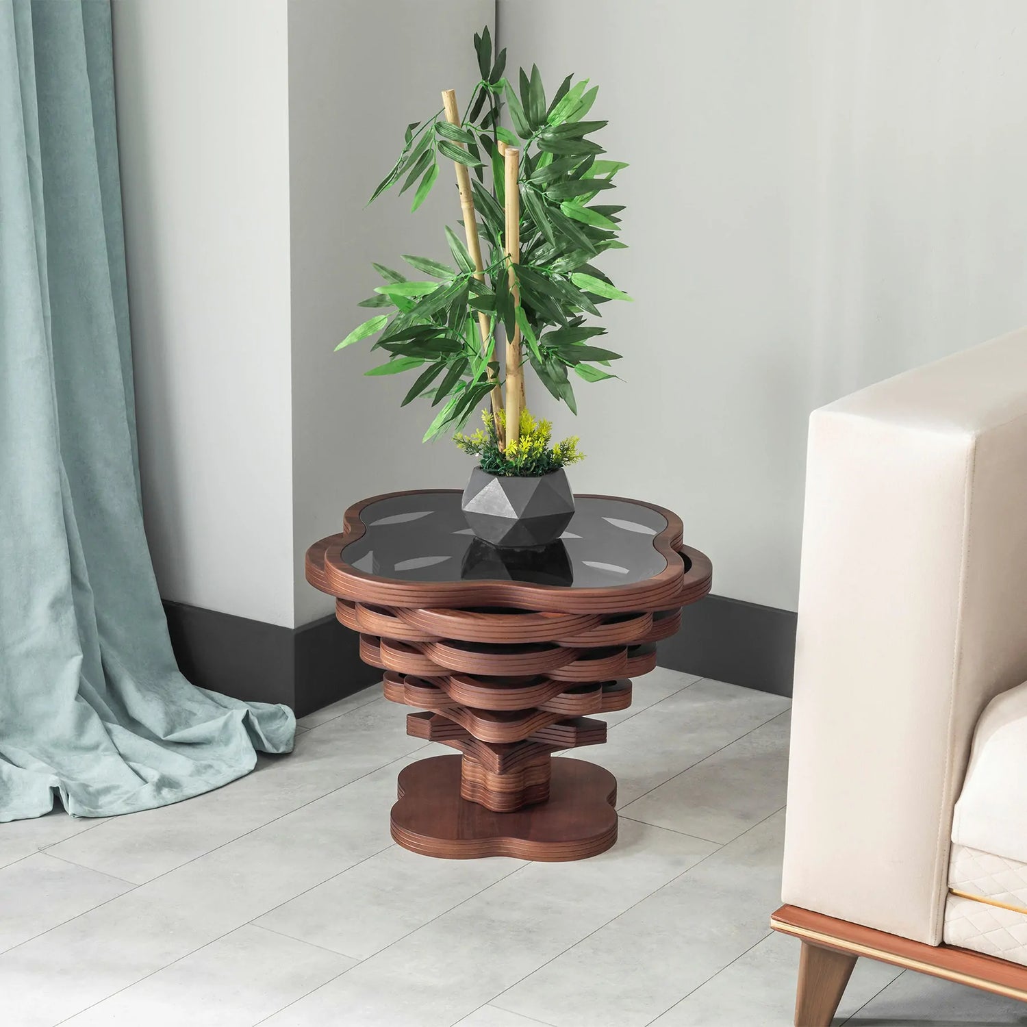 A side table with a unique 3D spiral design, featuring a layered wood base and a tempered glass top.